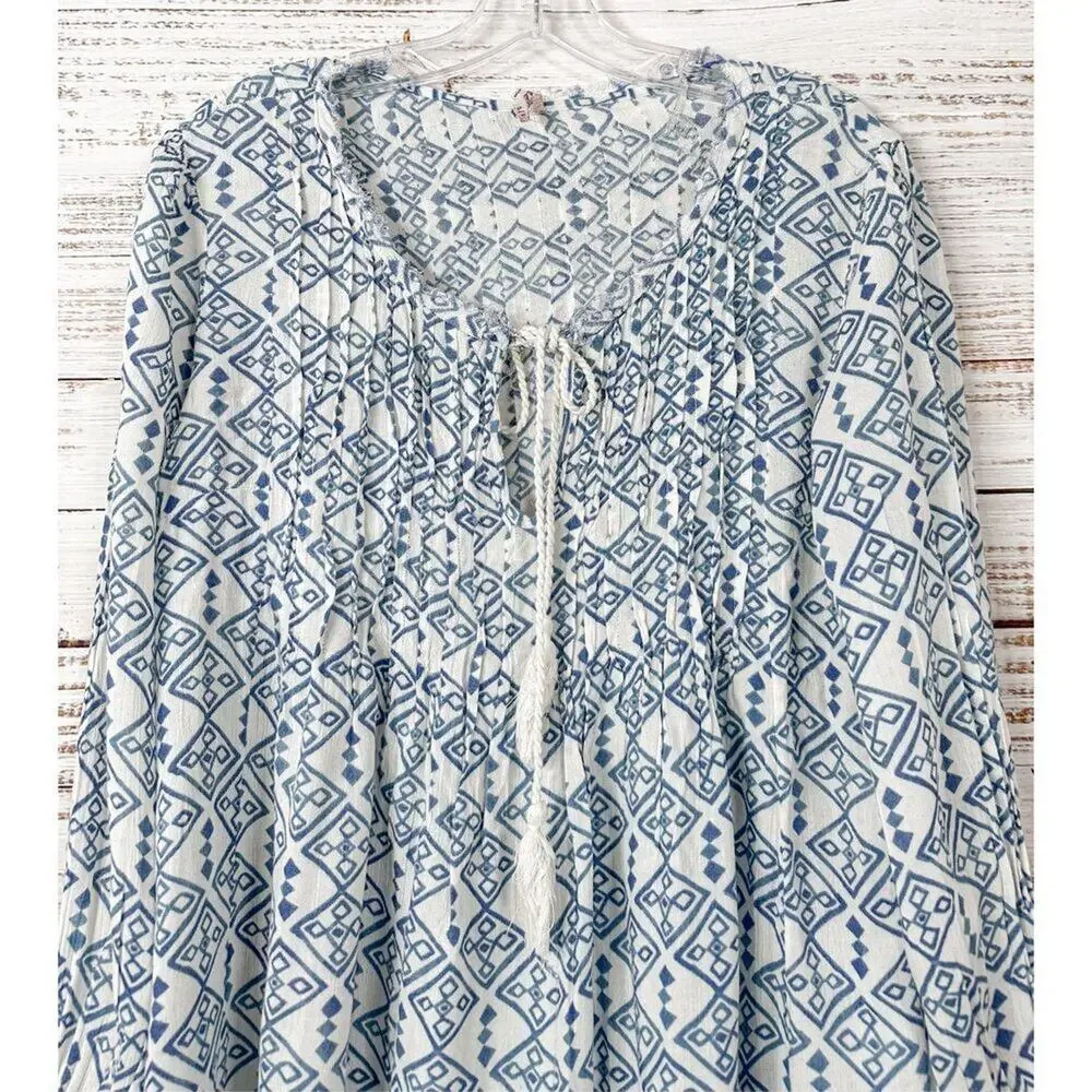Free People Women's Geometric Long Sleeve Boho Mini Dress White Blue Small